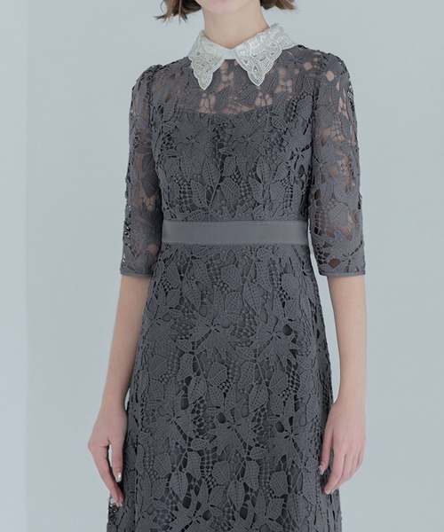 LEJA】花柄レースビジューカラーAラインドレスワンピース美脚効果結婚