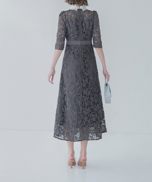 【LEJA】花柄レースビジューカラーAラインドレスワンピース美脚効果結婚式 LEJA】花柄レースビジューカラーAラインドレスワンピース美脚