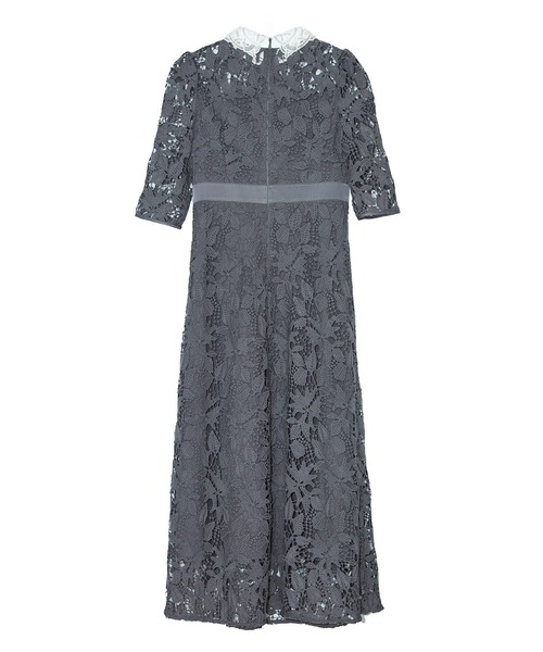 LEJA】花柄レースビジューカラーAラインドレスワンピース美脚効果結婚