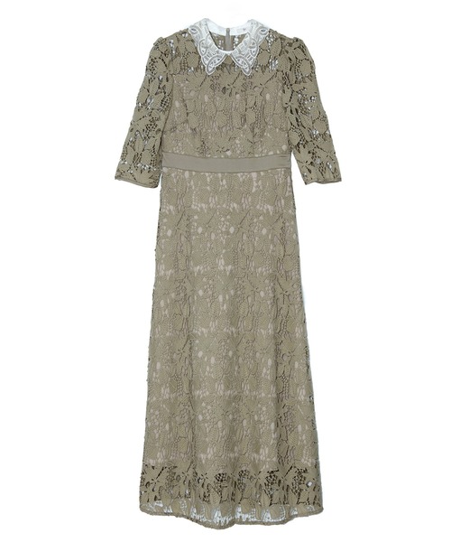 LEJA】花柄レースビジューカラーAラインドレスワンピース美脚効果結婚