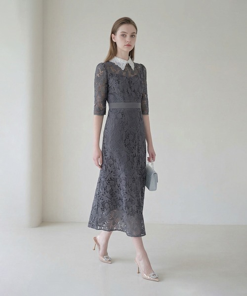 Leja 花柄レース ワンピース ドレス 結婚式 オケージョン お呼ばれ LEJA】花柄レースカラースパンコール刺繍Aラインフレアドレス