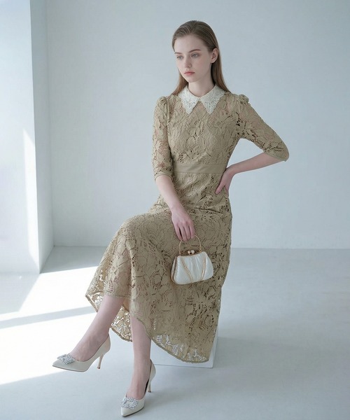 セール】【LEJA】花柄レースビジューカラーAラインドレスワンピース