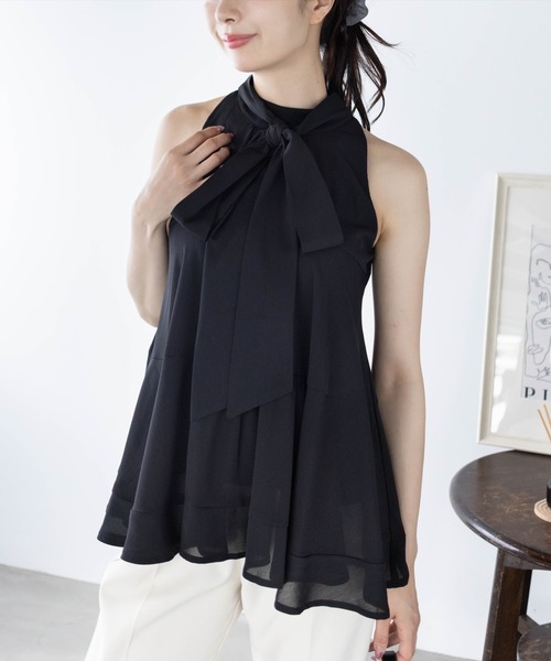 CLEAR BASIC（クリアベーシック）の「ボウタイリボンティアードブラウス[オフィスカジュアル 着回し抜群 上品]（シャツ/ブラウス・レディース・ブラック/アイボリー/ブルーグレー/ネイビー/ワインレッド・F）」の3枚目の写真