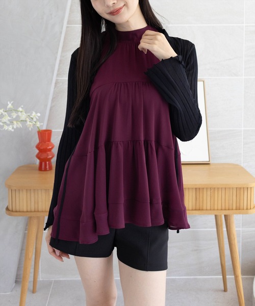 CLEAR BASIC（クリアベーシック）の「ボウタイリボンティアードブラウス[オフィスカジュアル 着回し抜群 上品]（シャツ/ブラウス・レディース・ブラック/アイボリー/ブルーグレー/ネイビー/ワインレッド・F）」の5枚目の写真