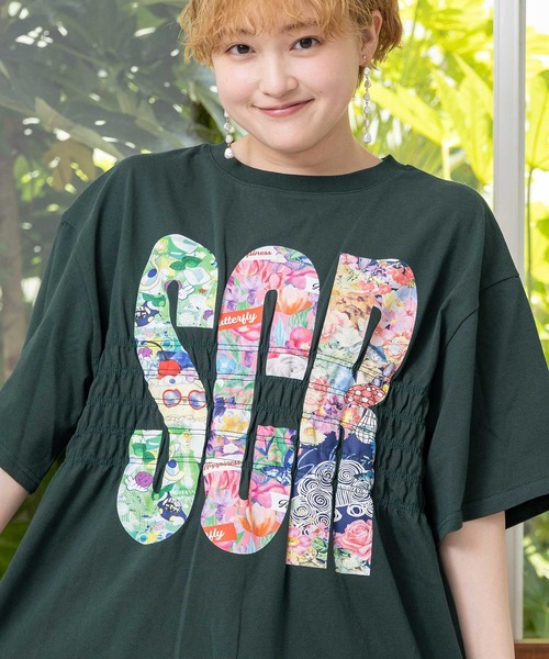 セール】152665：SCRロゴ花柄 シャーリングTシャツ（Tシャツ