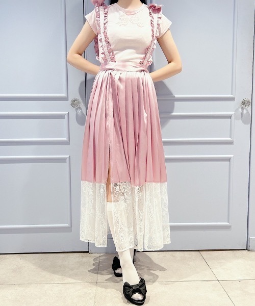 meltie プリーツ×レース2way skirt pink 2wayサスペンダーロングプリーツレーススカート（スカート