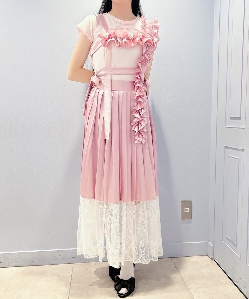 meltie プリーツ×レース2way skirt pink 2wayサスペンダーロングプリーツレーススカート（スカート