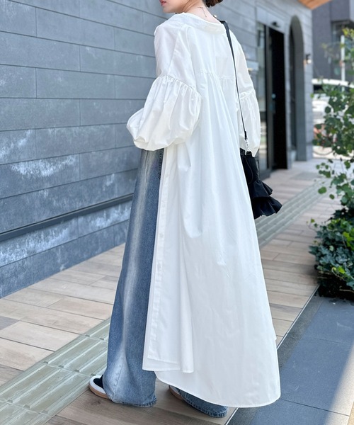 classicalelf（クラシカルエルフ）の「着方自在でロングシーズン活躍◎柄アソートバンドカラービッグシャツワンピ（シャツワンピース・レディース・ブラック系2/ホワイト/ブラック系1/ネイビー系・X-LARGE/SMALL/MEDIUM/LARGE）」の2枚目の写真