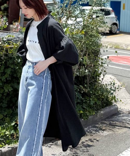 classicalelf（クラシカルエルフ）の「着方自在でロングシーズン活躍◎柄アソートバンドカラービッグシャツワンピ（シャツワンピース・レディース・ブラック系2/ホワイト/ブラック系1/ネイビー系・X-LARGE/SMALL/MEDIUM/LARGE）」の12枚目の写真