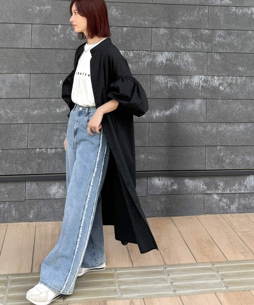 classicalelf（クラシカルエルフ）の「着方自在でロングシーズン活躍◎柄アソートバンドカラービッグシャツワンピ（シャツワンピース・レディース・ブラック系2/ホワイト/ブラック系1/ネイビー系・X-LARGE/SMALL/MEDIUM/LARGE）」の14枚目の写真