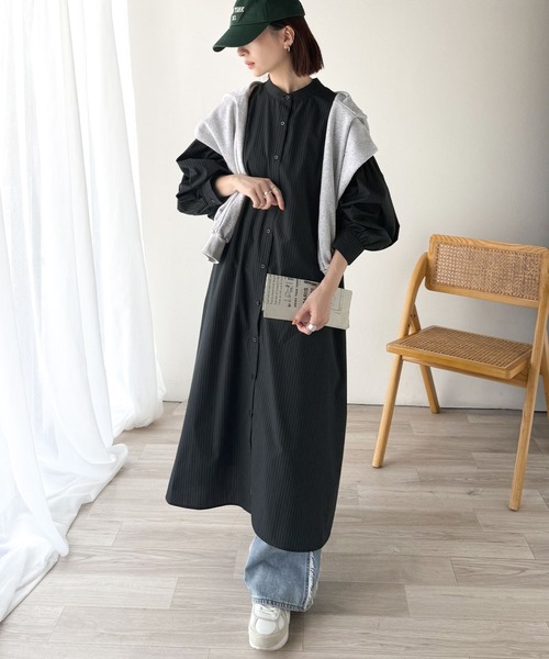 classicalelf（クラシカルエルフ）の「着方自在でロングシーズン活躍◎柄アソートバンドカラービッグシャツワンピ（シャツワンピース・レディース・ブラック系2/ホワイト/ブラック系1/ネイビー系・X-LARGE/SMALL/MEDIUM/LARGE）」の11枚目の写真