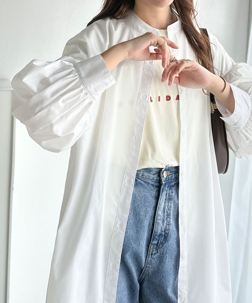 classicalelf（クラシカルエルフ）の「着方自在でロングシーズン活躍◎柄アソートバンドカラービッグシャツワンピ（シャツワンピース・レディース・ブラック系2/ホワイト/ブラック系1/ネイビー系・X-LARGE/SMALL/MEDIUM/LARGE）」の6枚目の写真