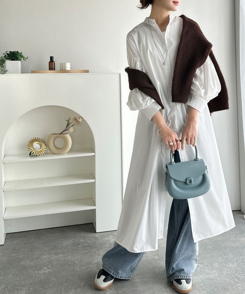 classicalelf（クラシカルエルフ）の「着方自在でロングシーズン活躍◎柄アソートバンドカラービッグシャツワンピ（シャツワンピース・レディース・ブラック系2/ホワイト/ブラック系1/ネイビー系・X-LARGE/SMALL/MEDIUM/LARGE）」の5枚目の写真