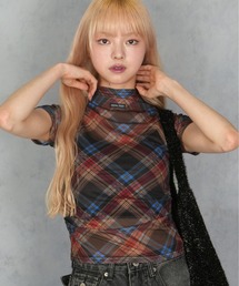 BARELY BLUE | 【 BARELY BLUE / ベアリーブルー 】 サイド ギャザー クロス チェック シアー 半袖 Tシャツ(Tシャツ/カットソー)