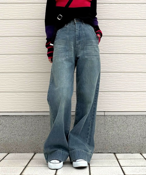 セール】Qgirlワイドデニム(デニムパンツ)|Q(キュー)の セール】Qgirlワイドデニム(デニムパンツ)|Q(キュー)の