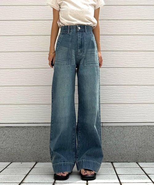 Q（キュー）の「Qgirlワイドデニム（デニムパンツ・レディース・インディゴブルー・LARGE/MEDIUM/SMALL）」の2枚目の写真