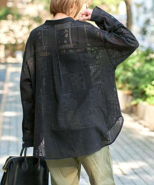 Spick and Span レースチェックシャツ　ブラック Spick＆Span ブラウス シャツ 「追加3」PEレースシャツ