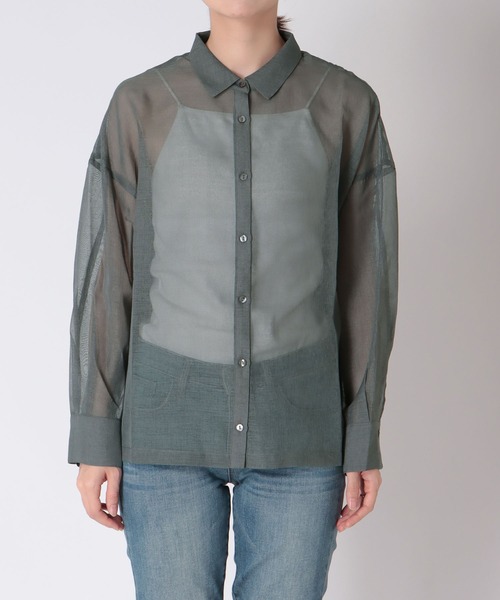 Jines（ジネス）の「シアーリネンライクシャツ（シャツ/ブラウス・レディース・ブラウン/ホワイト/チャコールグレー・38）」の21枚目の写真