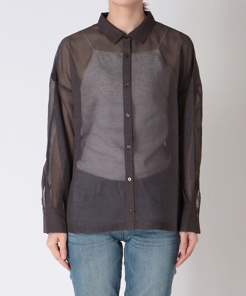 Jines（ジネス）の「シアーリネンライクシャツ（シャツ/ブラウス・レディース・ブラウン/ホワイト/チャコールグレー・38）」の12枚目の写真