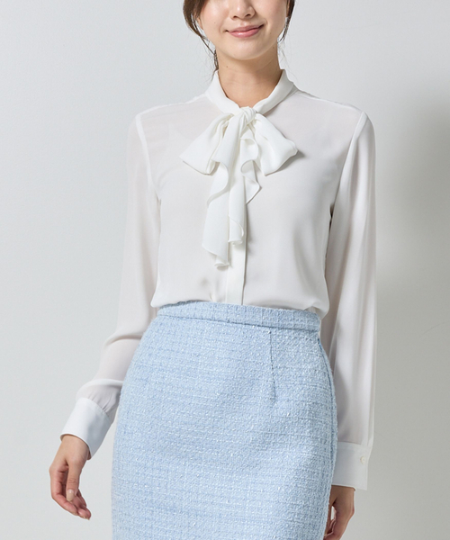 ナラカミーチェ（NARACAMICIE）/【NARACAMICIE】無地ジョーゼットラッフルボウタイ長袖ブラウスホワイト NARACAMICIE】無地ジョーゼットラッフルボウタイ長袖ブラウスホワイト