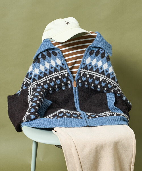 セール】ノルディック柄 ジップニット/襟付きニット（カーディガン