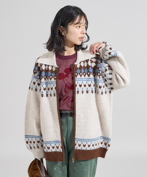 FREAK'S STORE(フリークスストア)の「ノルディック柄 ジップニット/襟付きニット(カーディガン/ボレロ・レディース・ブラウン/オフホワイト・フリ-)」の8枚目の写真