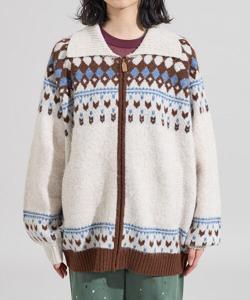 セール】ノルディック柄 ジップニット/襟付きニット（カーディガン
