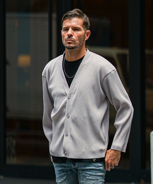 SOMEDIFF（サムディフ）の「プリーツカーディガン メンズ 黒 ブラック グレー カーキ（カーディガン/ボレロ・メンズ・グレー/ブラック/カーキ・M/L/XL）」の8枚目の写真