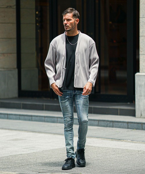 SOMEDIFF（サムディフ）の「プリーツカーディガン メンズ 黒 ブラック グレー カーキ（カーディガン/ボレロ・メンズ・グレー/ブラック/カーキ・M/L/XL）」の9枚目の写真