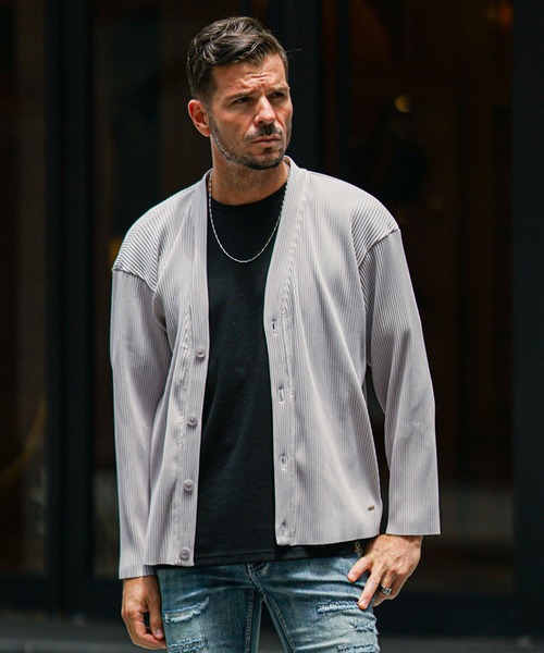 SOMEDIFF（サムディフ）の「プリーツカーディガン メンズ 黒 ブラック グレー カーキ（カーディガン/ボレロ・メンズ・グレー/ブラック/カーキ・M/L/XL）」の10枚目の写真