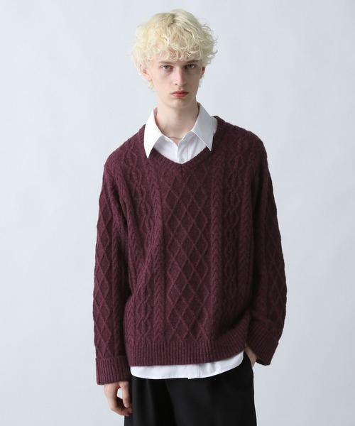 HARE（ハレ）の「Vネックケーブルニットプルオーバー(HARE)（ニット/セーター・メンズ・グレー/ブラック/パープル・FREE）」の3枚目の写真