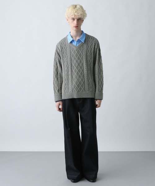 HARE（ハレ）の「Vネックケーブルニットプルオーバー(HARE)（ニット/セーター・メンズ・グレー/ブラック/パープル・FREE）」の7枚目の写真