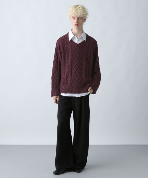 HARE（ハレ）の「Vネックケーブルニットプルオーバー(HARE)（ニット/セーター・メンズ・グレー/ブラック/パープル・FREE）」の9枚目の写真