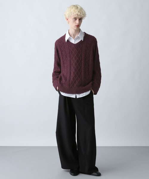 HARE（ハレ）の「Vネックケーブルニットプルオーバー(HARE)（ニット/セーター・メンズ・グレー/ブラック/パープル・FREE）」の10枚目の写真