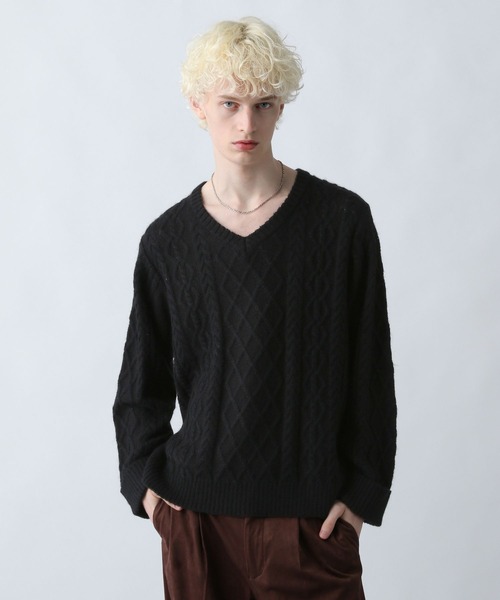 HARE（ハレ）の「Vネックケーブルニットプルオーバー(HARE)（ニット/セーター・メンズ・グレー/ブラック/パープル・FREE）」の11枚目の写真