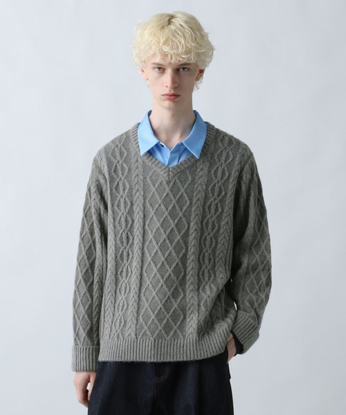 HARE（ハレ）の「Vネックケーブルニットプルオーバー(HARE)（ニット/セーター・メンズ・グレー/ブラック/パープル・FREE）」の12枚目の写真