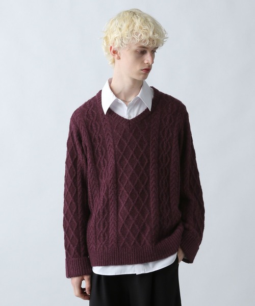 HARE（ハレ）の「Vネックケーブルニットプルオーバー(HARE)（ニット/セーター・メンズ・グレー/ブラック/パープル・FREE）」の13枚目の写真