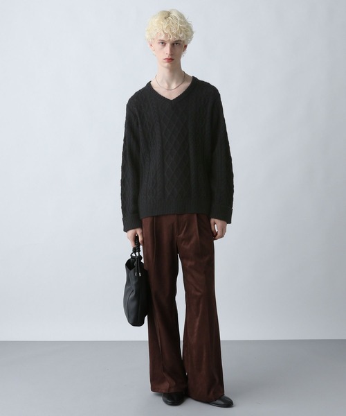 HARE（ハレ）の「Vネックケーブルニットプルオーバー(HARE)（ニット/セーター・メンズ・グレー/ブラック/パープル・FREE）」の5枚目の写真
