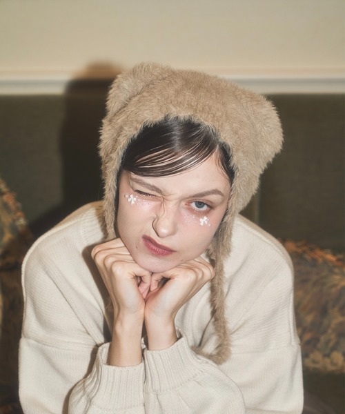 Lovilyn(ラヴィリン)の「ふわふわクマちゃんニット帽(ニットキャップ/ビーニー・レディース・ピンク/ホワイト/モカ・FREE)」の3枚目の写真