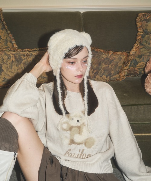 Lovilyn(ラヴィリン)の「ふわふわクマちゃんニット帽(ニットキャップ/ビーニー・レディース・ピンク/ホワイト/モカ・FREE)」の20枚目の写真