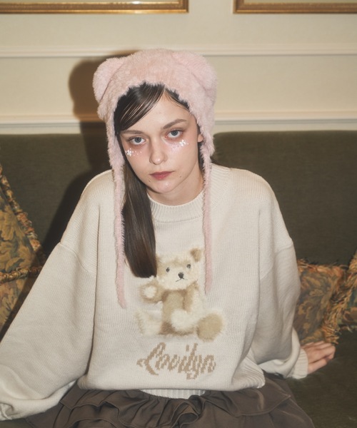 Lovilyn(ラヴィリン)の「ふわふわクマちゃんニット帽(ニットキャップ/ビーニー・レディース・ピンク/ホワイト/モカ・FREE)」の5枚目の写真