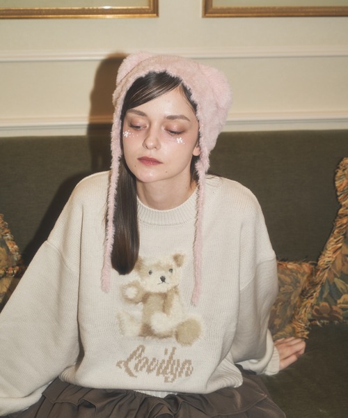 Lovilyn(ラヴィリン)の「ふわふわクマちゃんニット帽(ニットキャップ/ビーニー・レディース・ピンク/ホワイト/モカ・FREE)」の6枚目の写真