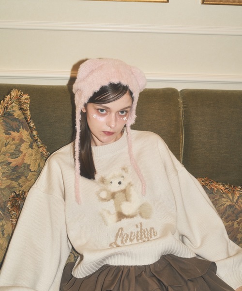 ふわふわクマちゃんニット帽（ニットキャップ/ビーニー）｜Lovilyn