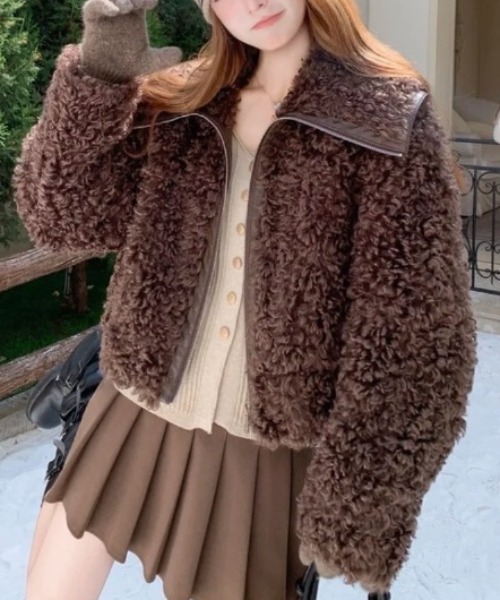 【本日限り！SALE！】LEINWÄNDE ブラウンファーショートジャケット deux amour ジャケット テーラードジャケット エコファースタンド