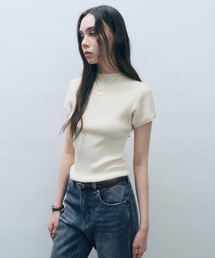ホールガーメントハーフネックプリーツニットトップクリームMDKT107CREAM