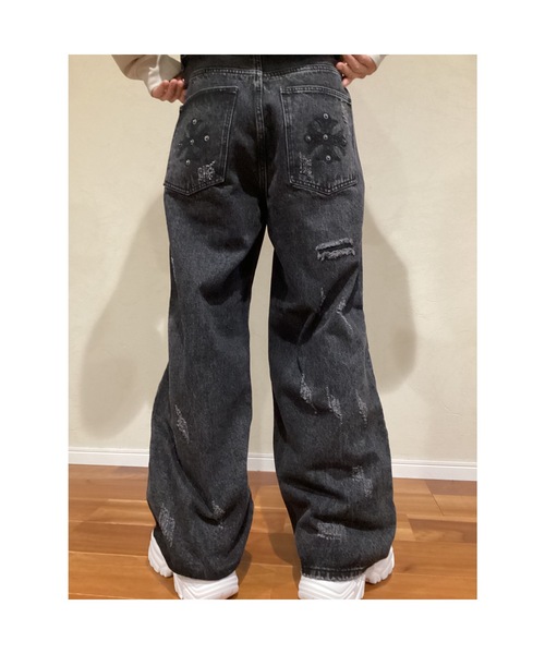 Bling Leads(ブリングリーズ)の「【Blss】【Bling Leads】ダメージ加工デザインワイドデニムパンツ(デニムパンツ・メンズ・ブラック・FREE)」の4枚目の写真