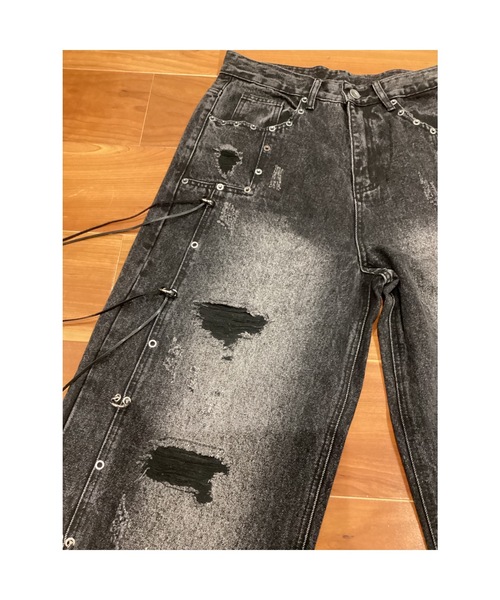 Bling Leads(ブリングリーズ)の「【Blss】【Bling Leads】ダメージ加工デザインワイドデニムパンツ(デニムパンツ・メンズ・ブラック・FREE)」の3枚目の写真