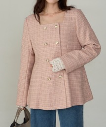 ノーカラージャケット（ピンク/桃色系・ツイード）ファッション通販