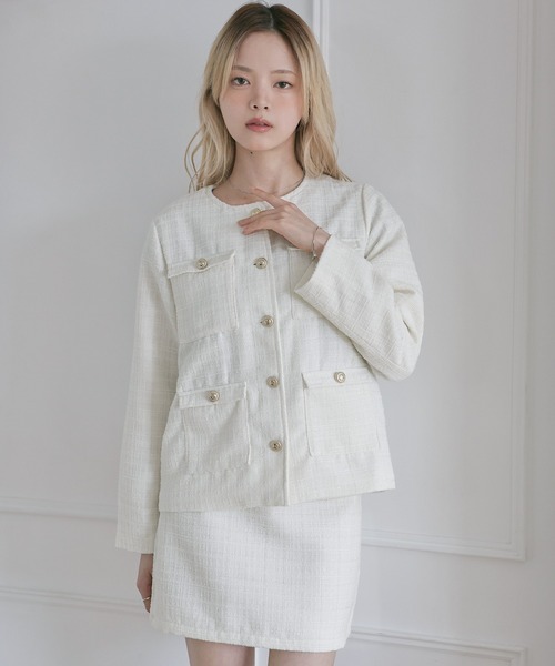 MSGM コットンツイードジャケット MSGM エムエスジーエム M〜L ツイード ジャケット コットン ネイビー