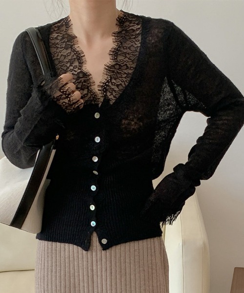 CLOTHY(クロシィ)の「【レースで魅せる、洗練フェミニン。】レースシアーカーデ(カーディガン/ボレロ・レディース・イエロー/グリーン/ブラック・FREE)」の2枚目の写真